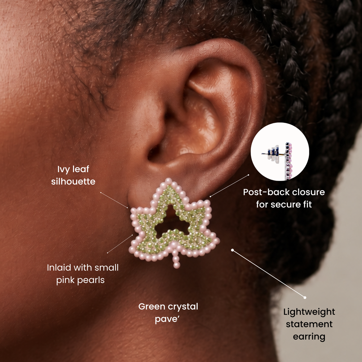 Ivey Dream Studs featuring green crystal ivy leaves outlined with petite pink pearls.