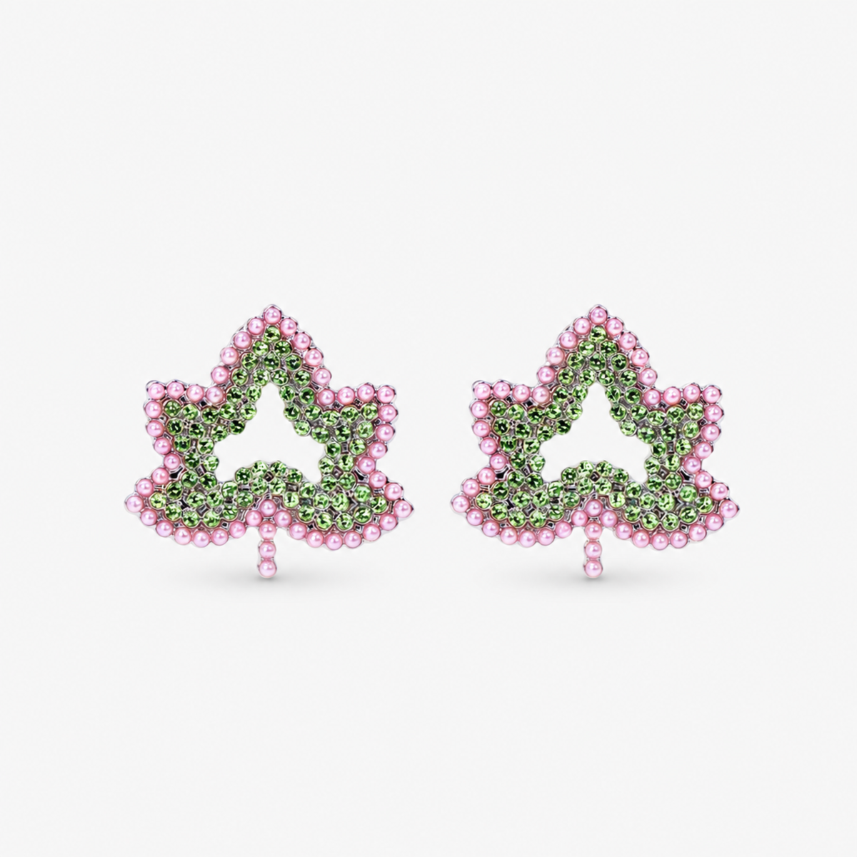 Ivey Dream Studs featuring green crystal ivy leaves outlined with petite pink pearls.