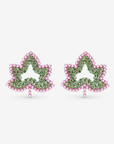 Ivey Dream Studs featuring green crystal ivy leaves outlined with petite pink pearls.
