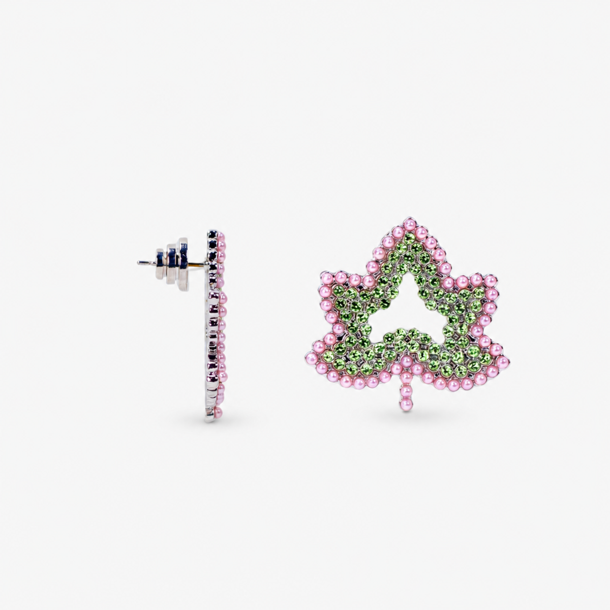 Ivey Dream Studs featuring green crystal ivy leaves outlined with petite pink pearls.