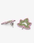 Ivey Dream Studs featuring green crystal ivy leaves outlined with petite pink pearls.