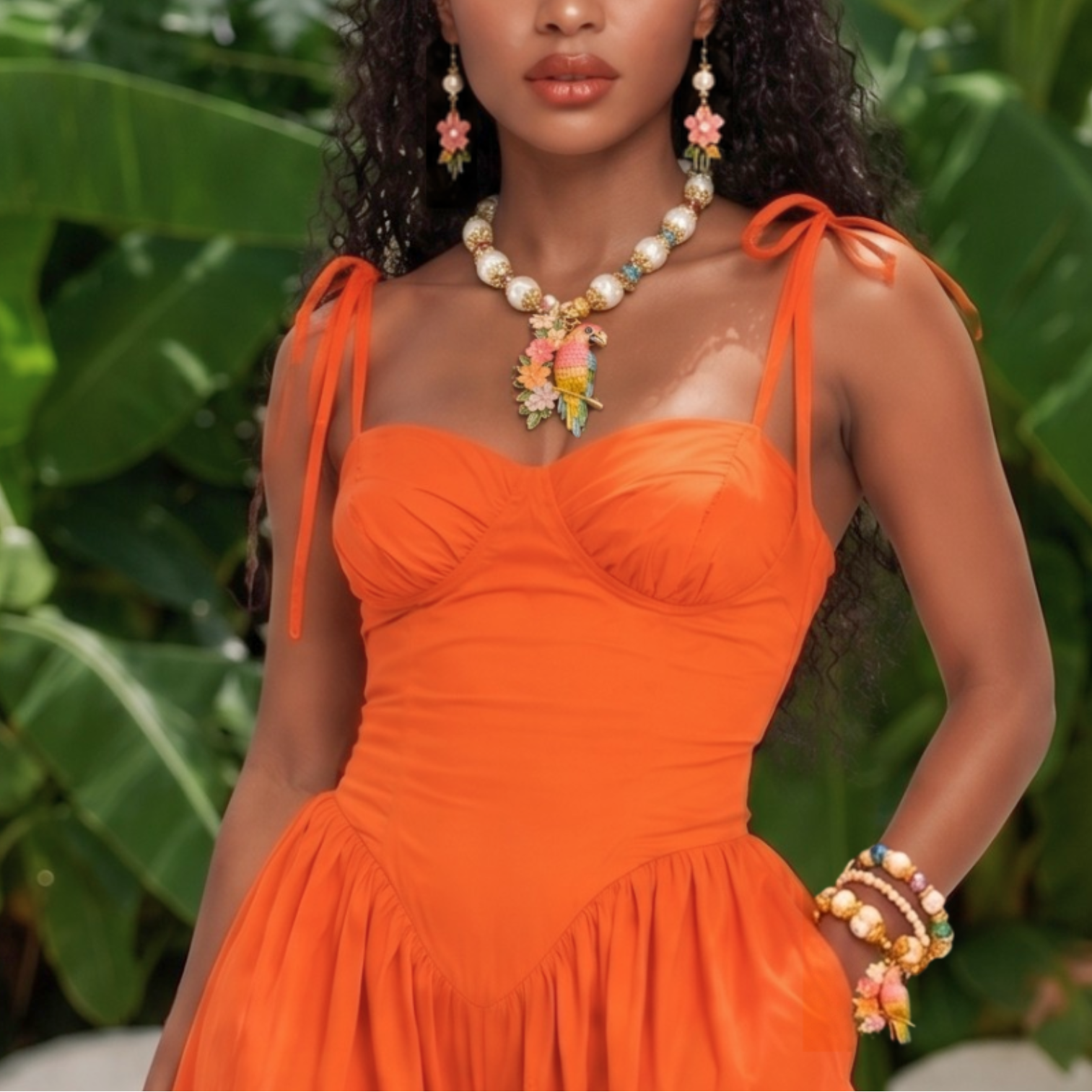 Kalani Pearl Chain necklace featuring oversized pearls, colorful floral beads, gold tone details and a hand painted tropical parrot pendant surrounded by flowers.