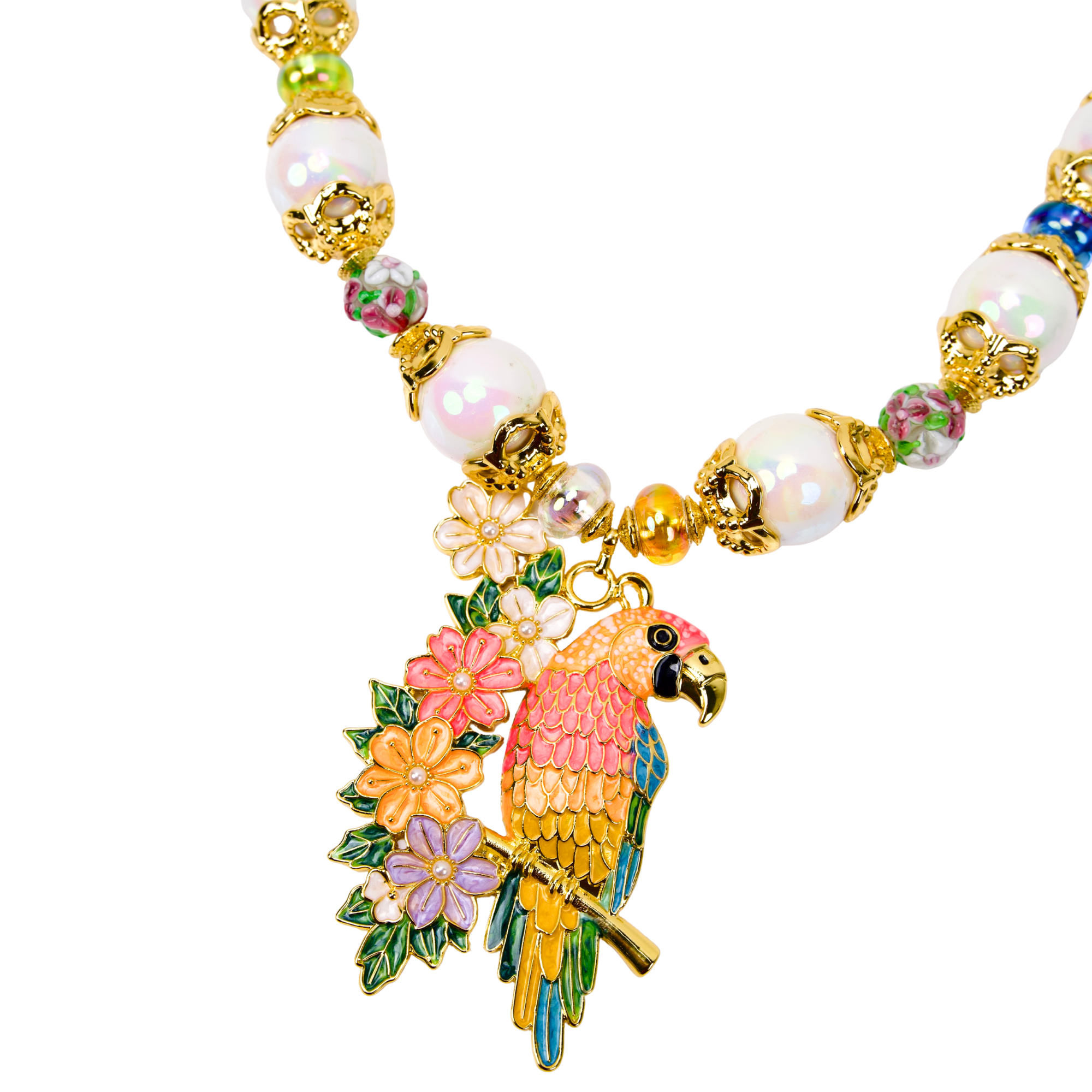 Colorful tropical statement necklace featuring luminous pearls, vibrant floral accents, artisan glass beads, and a detailed pink and gold parrot pendant.
