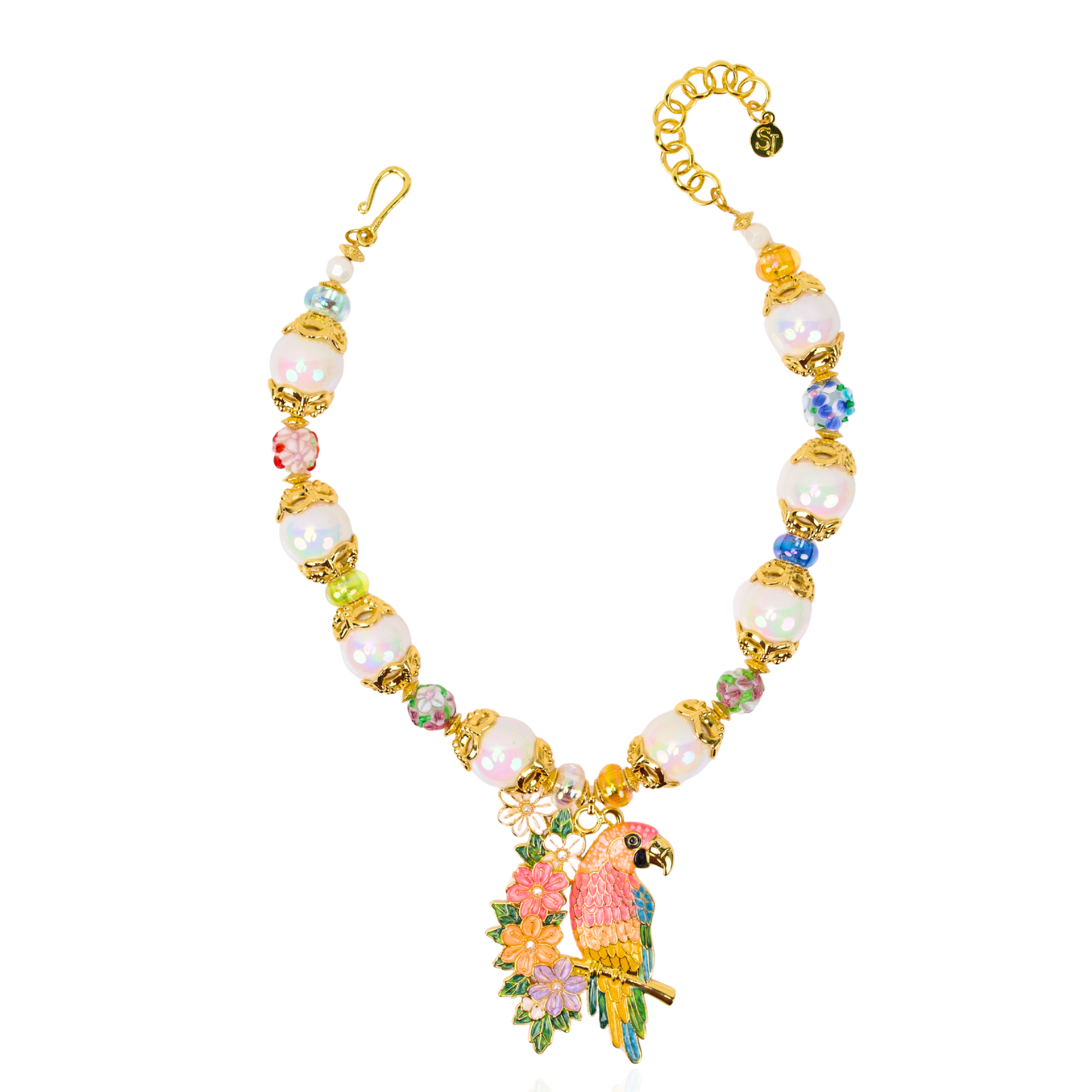 Colorful tropical statement necklace featuring luminous pearls, vibrant floral accents, artisan glass beads, and a detailed pink and gold parrot pendant.