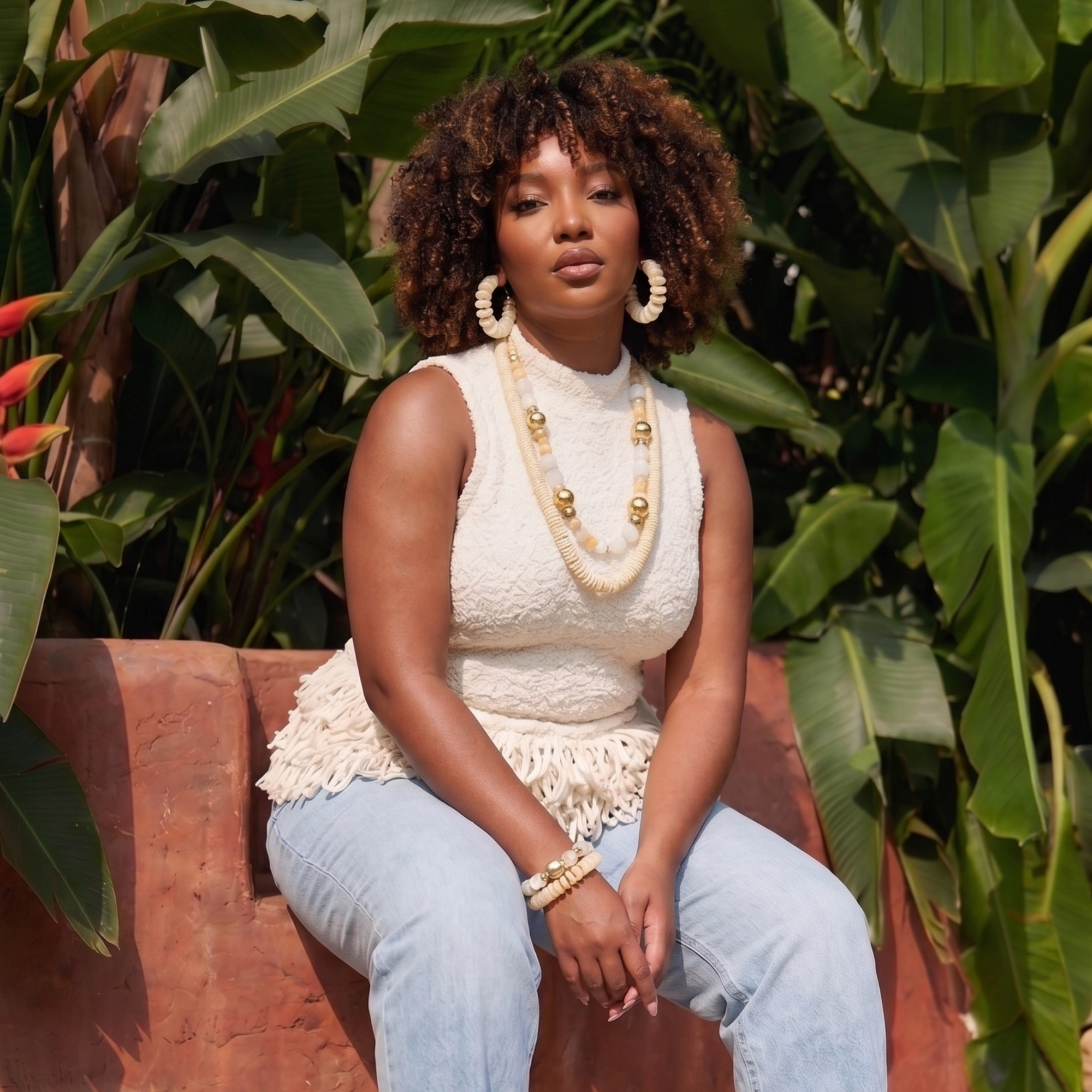 Ivory statement hoop earrings featuring smooth coconut-inspired beads with brushed gold spacers in a lightweight resort-inspired design.