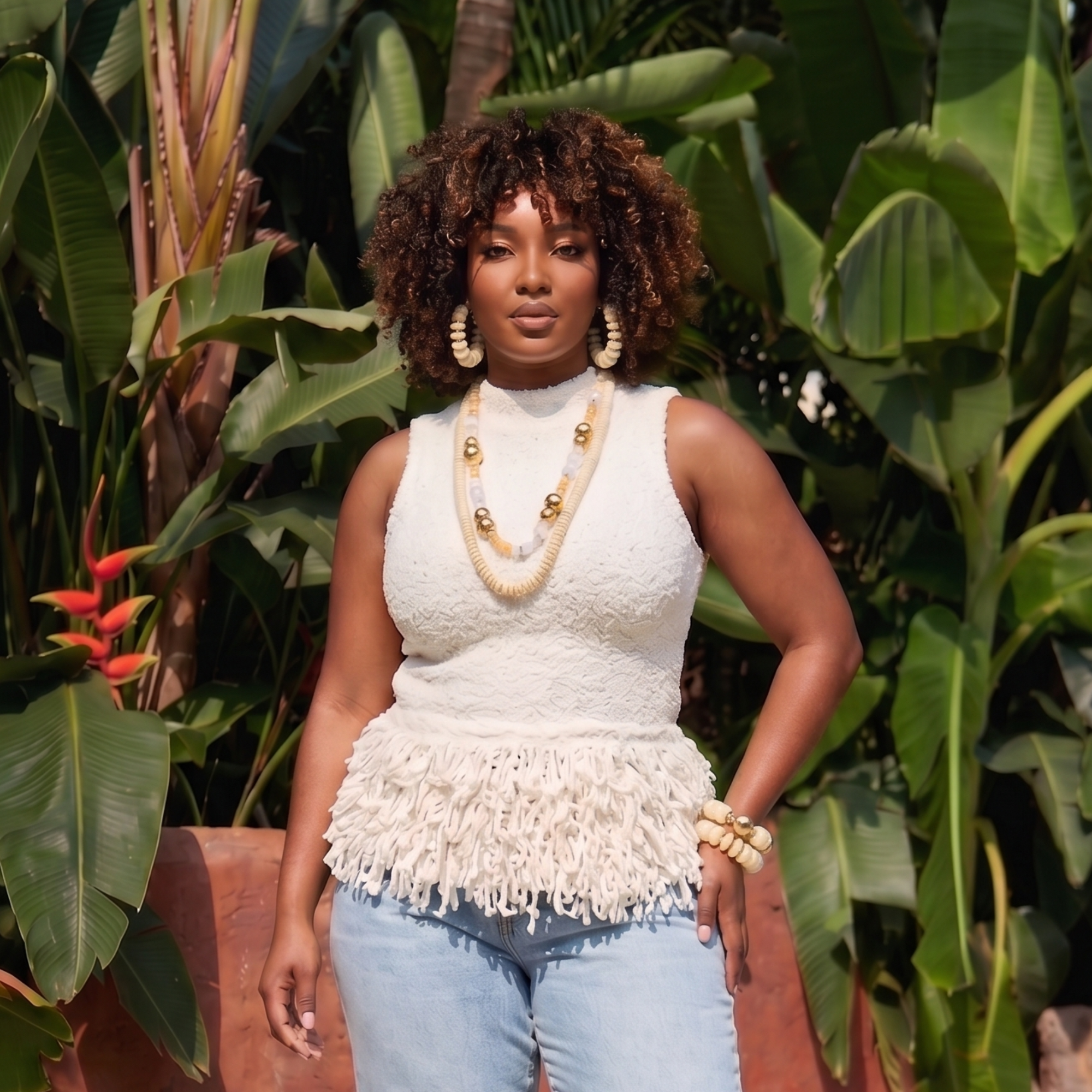 Layered ivory statement necklace featuring coconut-inspired beads, faceted clear stones, brushed gold accents, and neutral coastal styling by Sassy Jones.