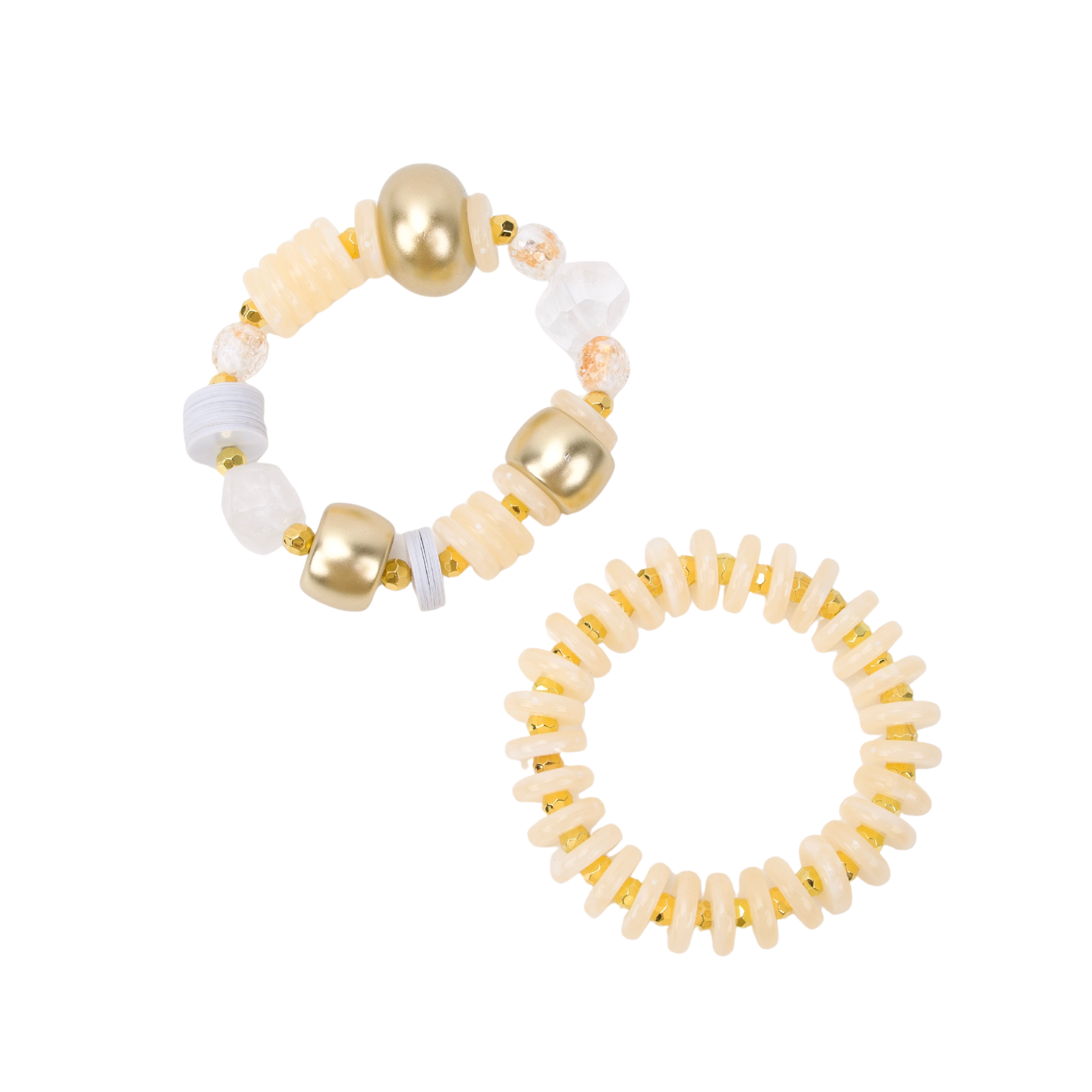 Two-piece ivory stretch bracelet stack featuring coconut-inspired beads, brushed gold accents, frosted white details, and a faceted clear focal bead.