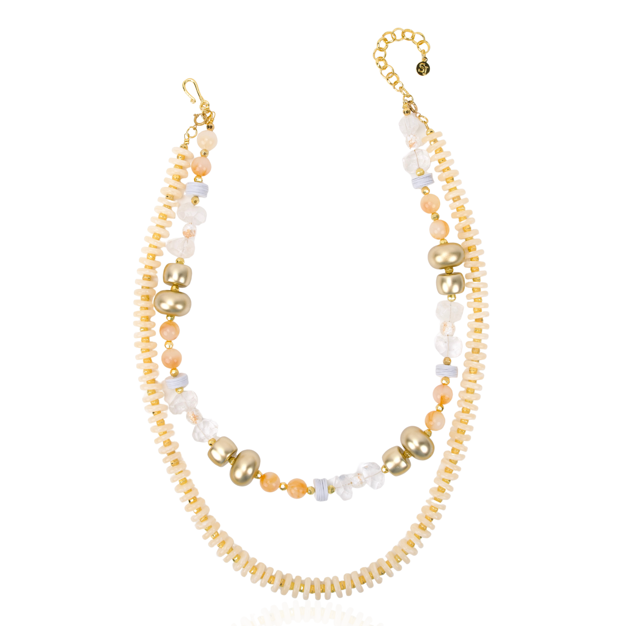 Layered ivory statement necklace featuring coconut-inspired beads, faceted clear stones, brushed gold accents, and neutral coastal styling by Sassy Jones.