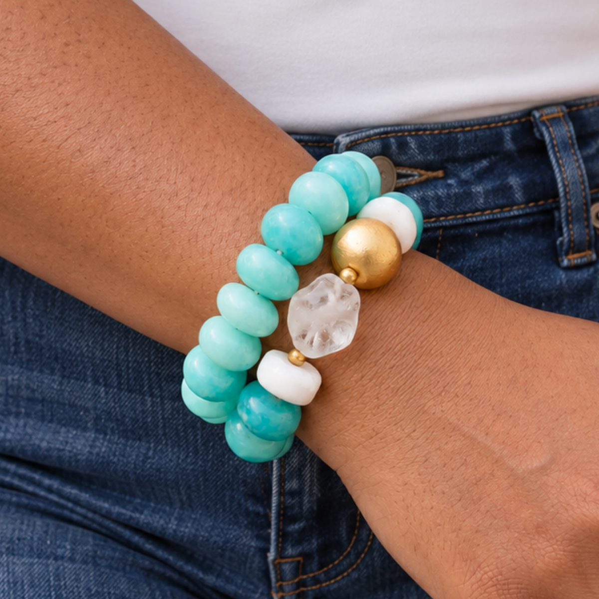 Kamaria Coconut Shell Statement Bracelet Stack in Riviera Teal featuring oversized marbled teal coconut shell pieces and gold accents.