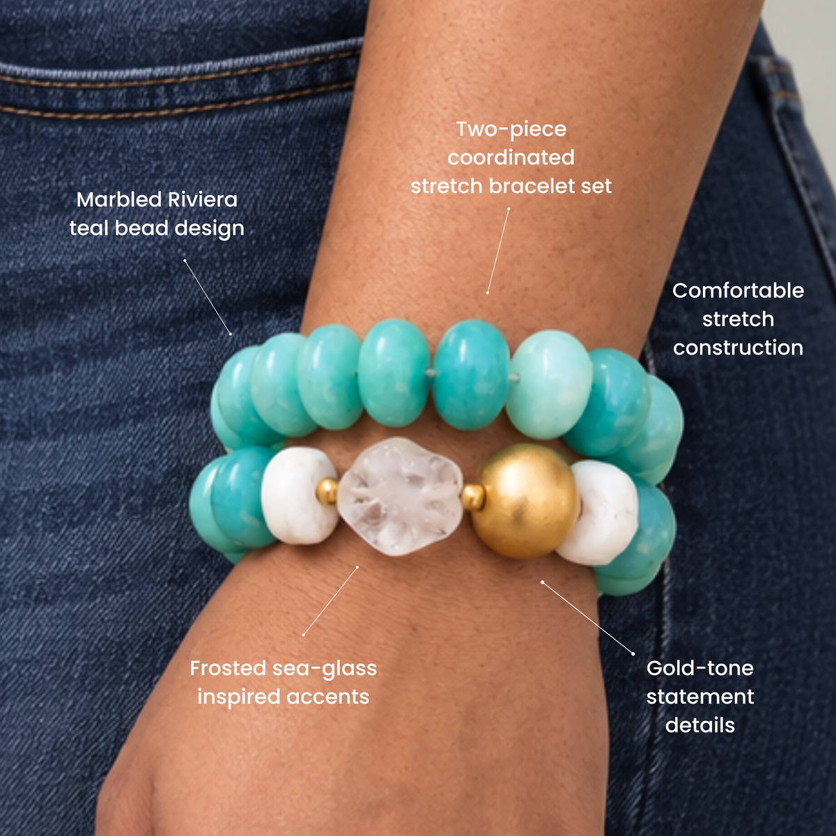 Kamaria Coconut Shell Statement Bracelet Stack in Riviera Teal featuring oversized marbled teal coconut shell pieces and gold accents.