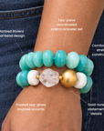 Kamaria Coconut Shell Statement Bracelet Stack in Riviera Teal featuring oversized marbled teal coconut shell pieces and gold accents.