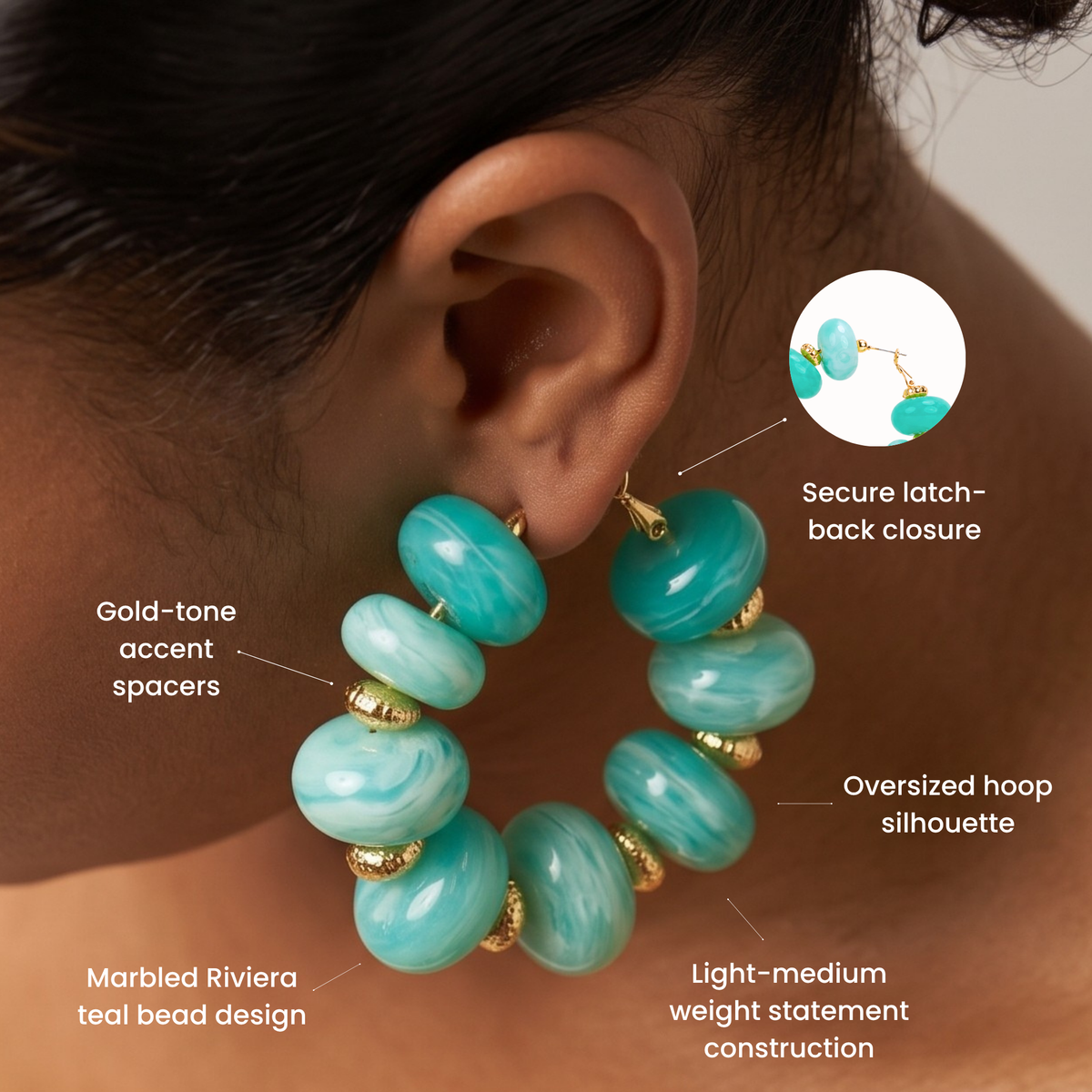 Kamaria Coconut Shell Statement Hoops in Riviera Teal featuring oversized marbled teal coconut shell pieces and gold accents.