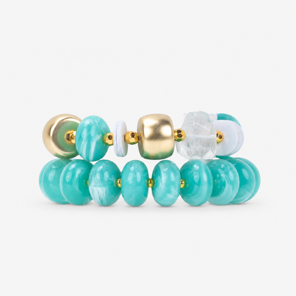 Kamaria Coconut Shell Statement Bracelet Stack in Riviera Teal featuring oversized marbled teal coconut shell pieces and gold accents.