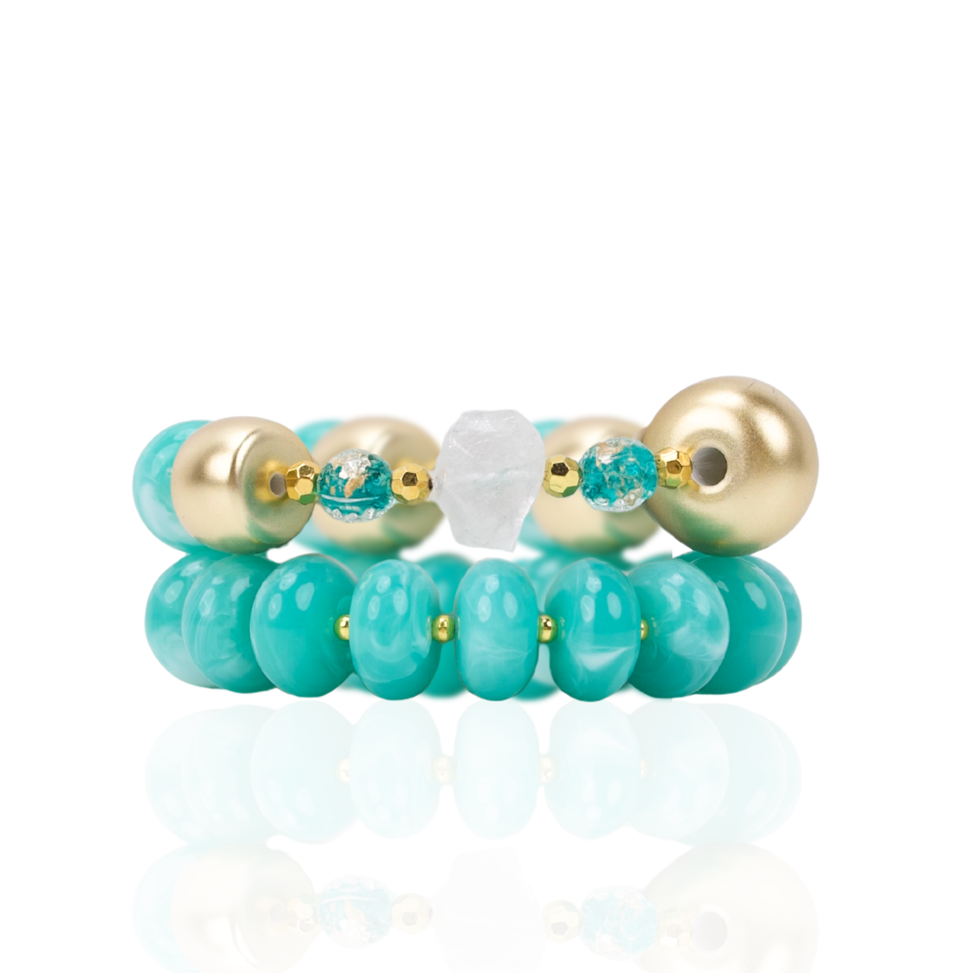 Two-piece bracelet stack featuring marbled Riviera teal beads, frosted sea-glass inspired accents, and gold-tone details by Sassy Jones.