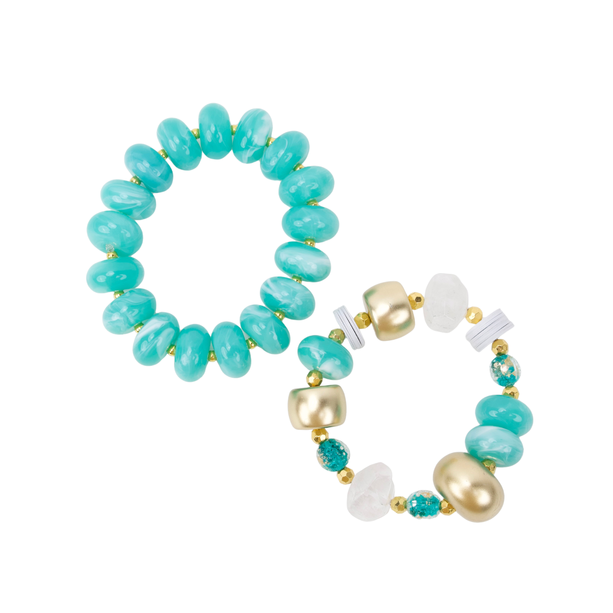 Two-piece bracelet stack featuring marbled Riviera teal beads, frosted sea-glass inspired accents, and gold-tone details by Sassy Jones.