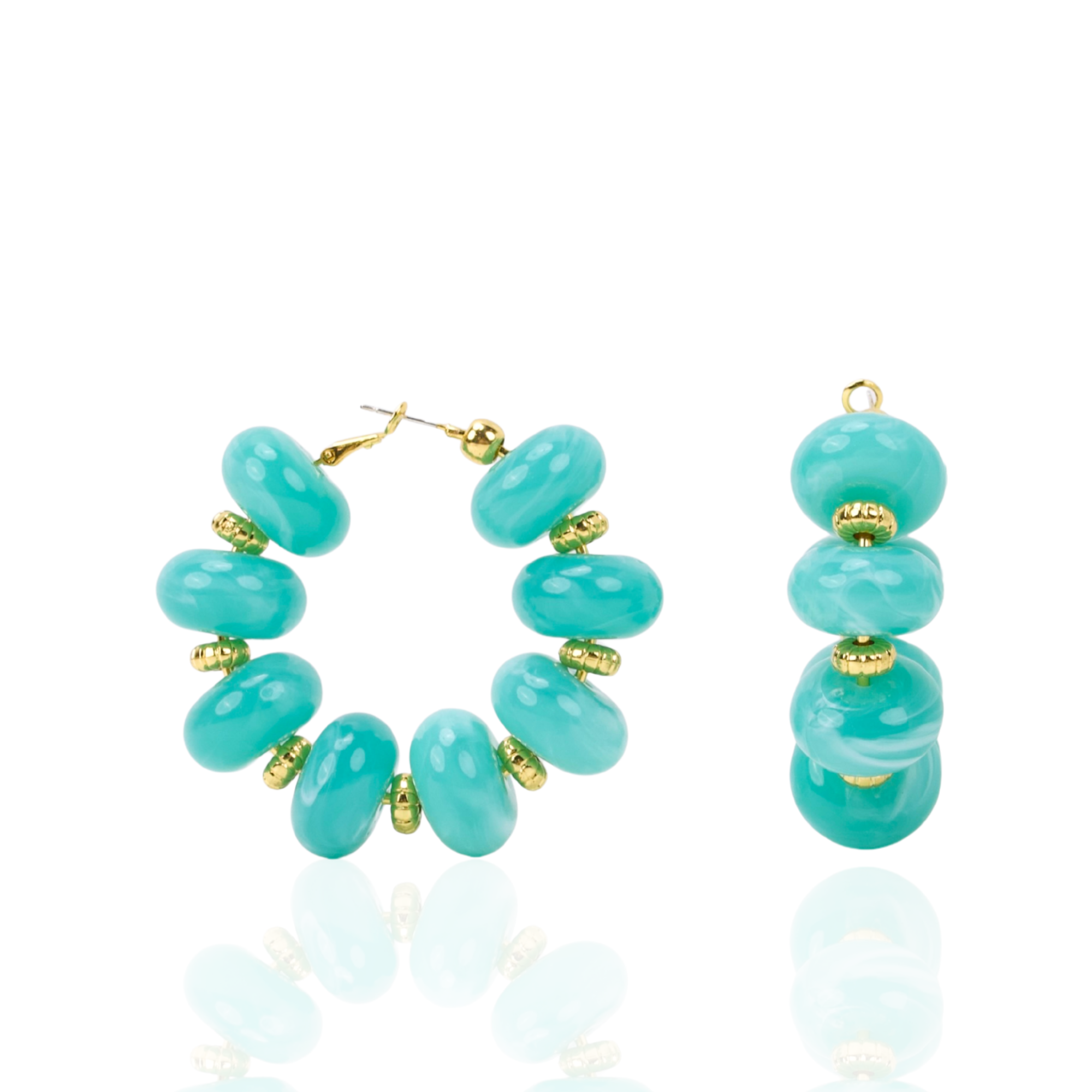 Teal statement hoop earrings featuring oversized marbled turquoise beads and gold-tone accents by Sassy Jones.