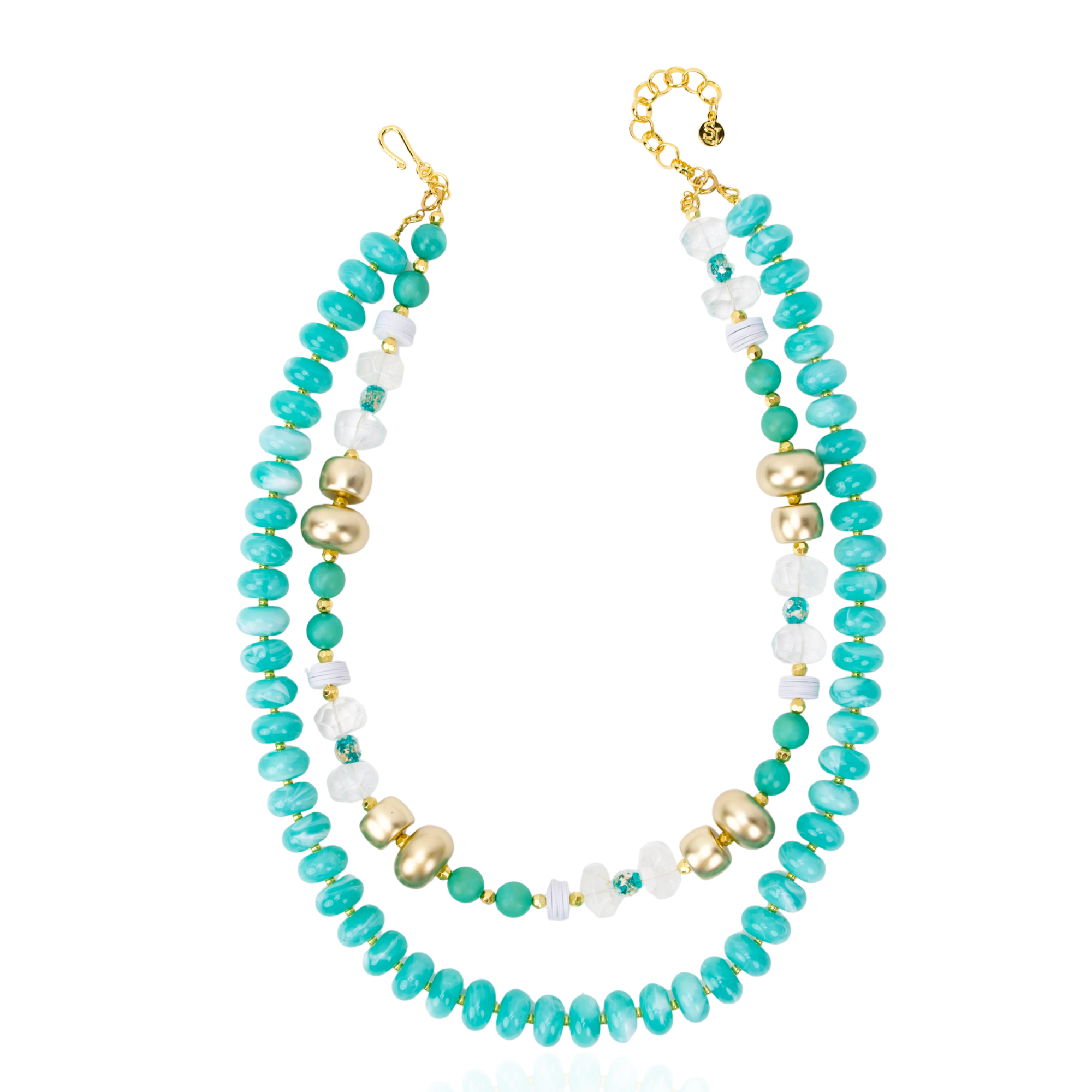 Layered teal statement necklace featuring marbled turquoise beads, frosted sea-glass inspired accents, and gold-tone details by Sassy Jones.