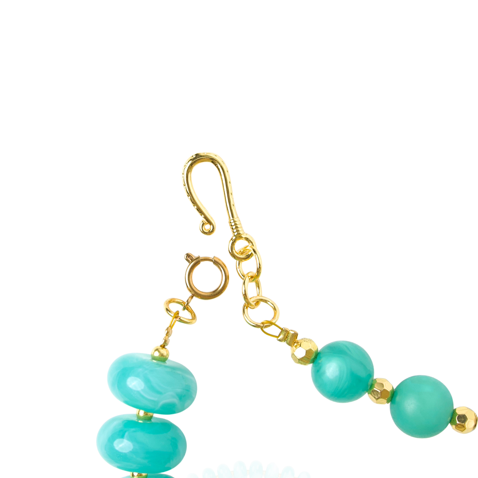 Layered teal statement necklace featuring marbled turquoise beads, frosted sea-glass inspired accents, and gold-tone details by Sassy Jones.