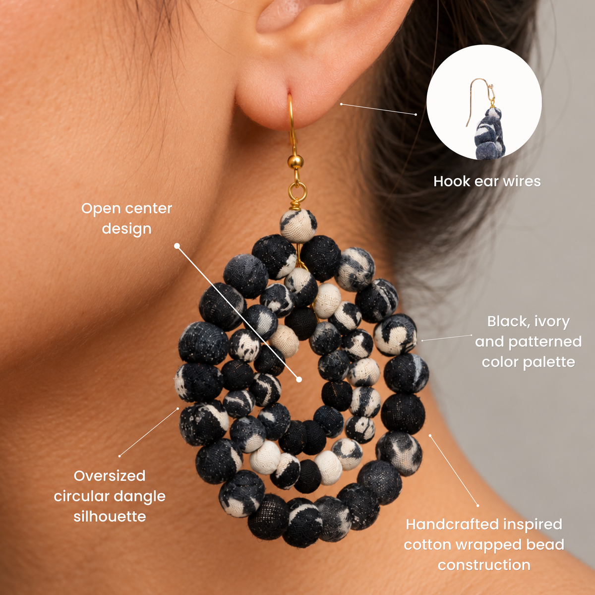 Sassy Jones Kenza dangle earrings featuring concentric circles of black, ivory and patterned cloth beads.