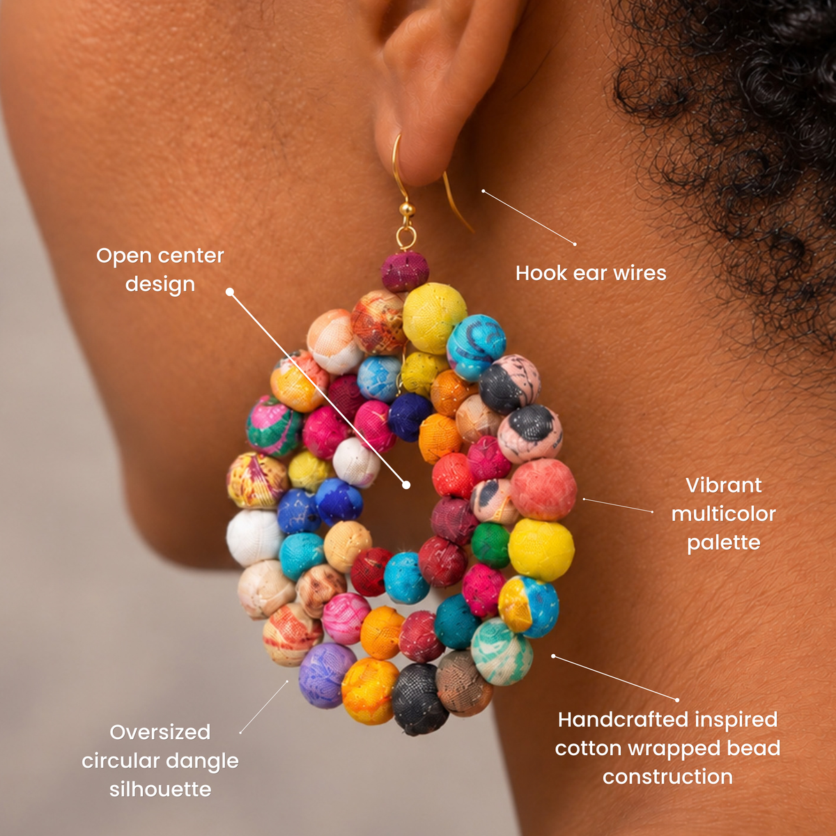 Sassy Jones Kenza dangle earrings featuring concentric circles of multicolor cloth wrapped beads.
