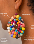 Sassy Jones Kenza dangle earrings featuring concentric circles of multicolor cloth wrapped beads.