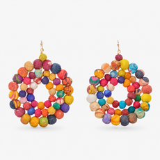 Kenza Cloth Bead Dangle Earrings in multicolor featuring layered circular rows of vibrant fabric wrapped beads.