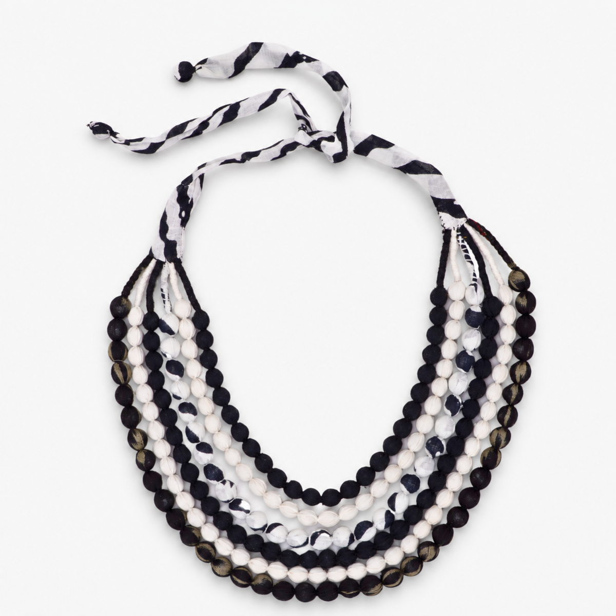 Kenza Cloth Bead Bib in black and white featuring multiple layered strands of fabric wrapped beads.