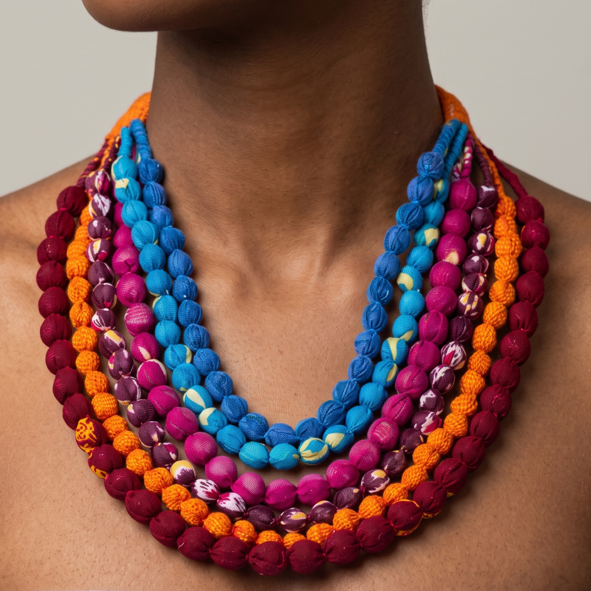 Multistrand textile necklace featuring colorful fabric wrapped beads and adjustable orange cloth ties.