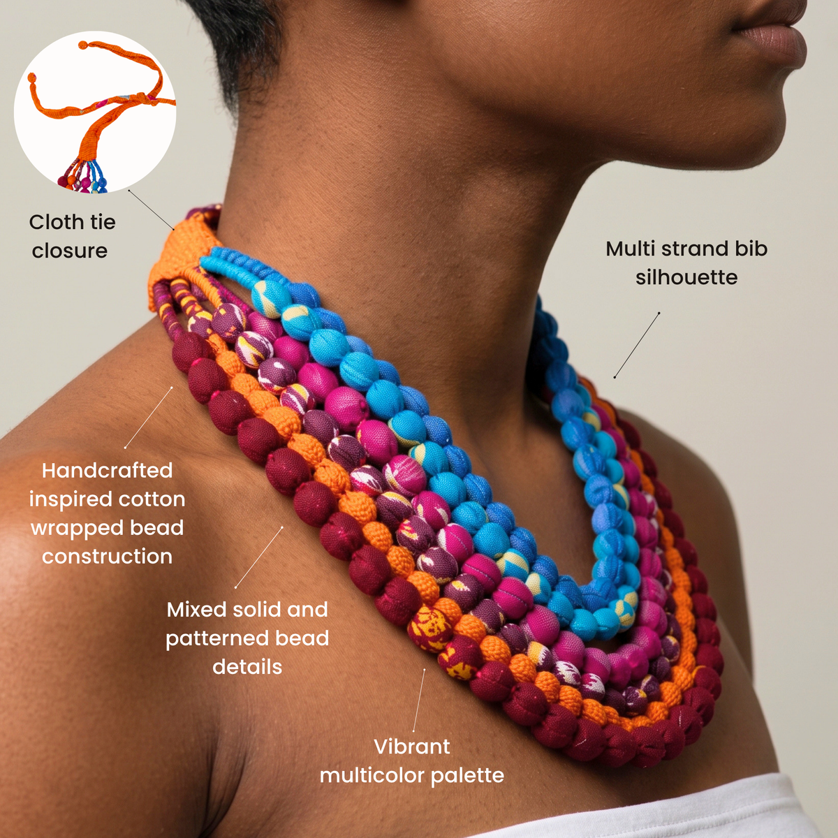 Sassy Jones Kenza necklace featuring cascading strands of colorful textile wrapped beads and an orange fabric tie.
