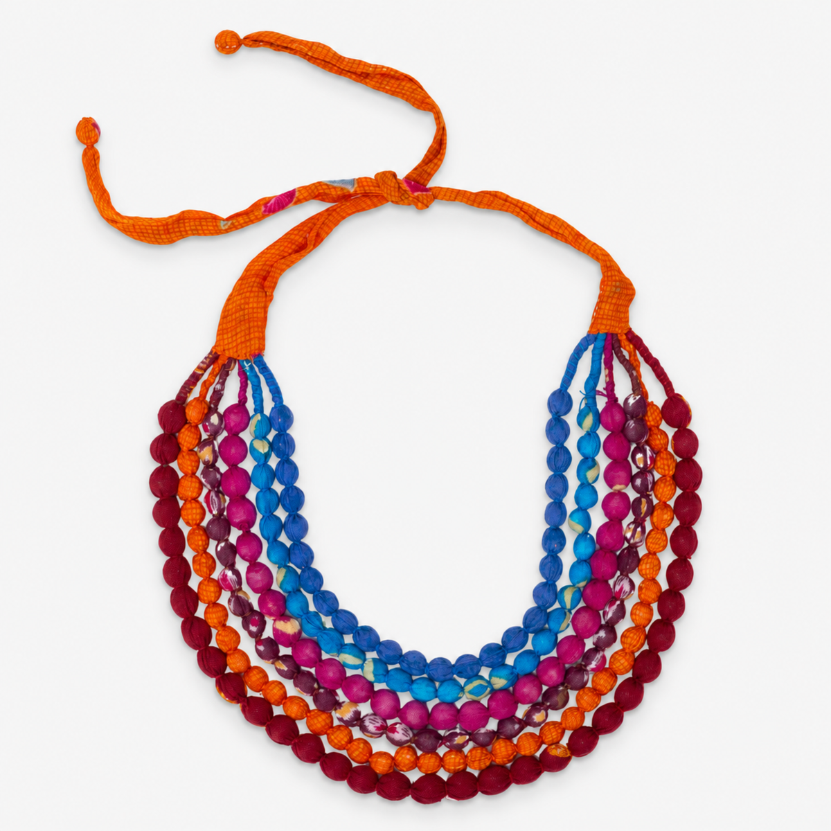Kenza Cloth Bead Bib in multicolor featuring layered strands of vibrant fabric wrapped beads.