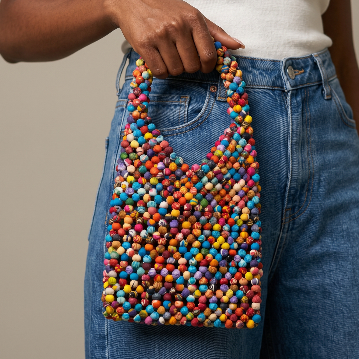 Front view of Kenza Cloth Beaded Tote featuring a dense mosaic of multicolor fabric covered beads.