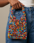 Front view of Kenza Cloth Beaded Tote featuring a dense mosaic of multicolor fabric covered beads.