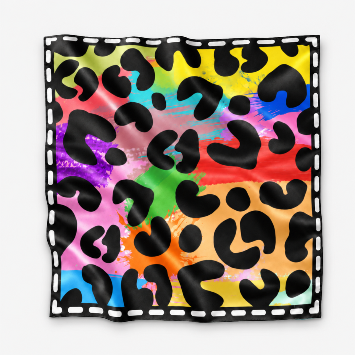 A square scarf featuring a vibrant rainbow watercolor background overlaid with a black leopard print pattern, finished with a white dashed border on a light gray background.
