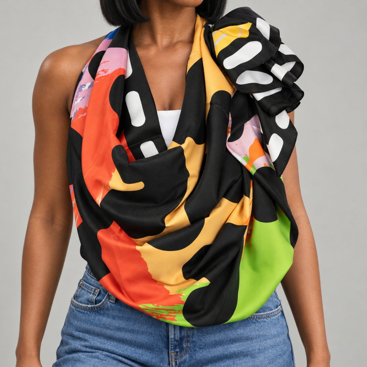 A multicolor abstract print scarf with black, orange, yellow, green, and white patterns, styled as a cowl neck drape on a model wearing blue jeans.