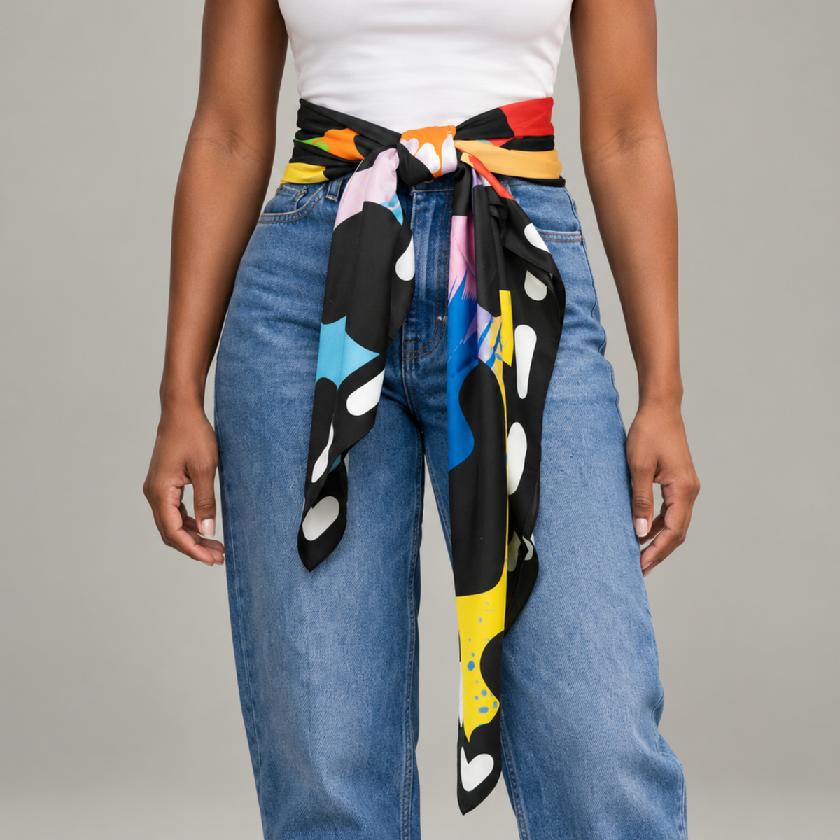 A person wearing blue jeans and a white top, shown from the chest down, with a colorful abstract-patterned silk scarf tied around the waist like a belt. The scarf features black, yellow, blue, pink, orange, and white shapes.
