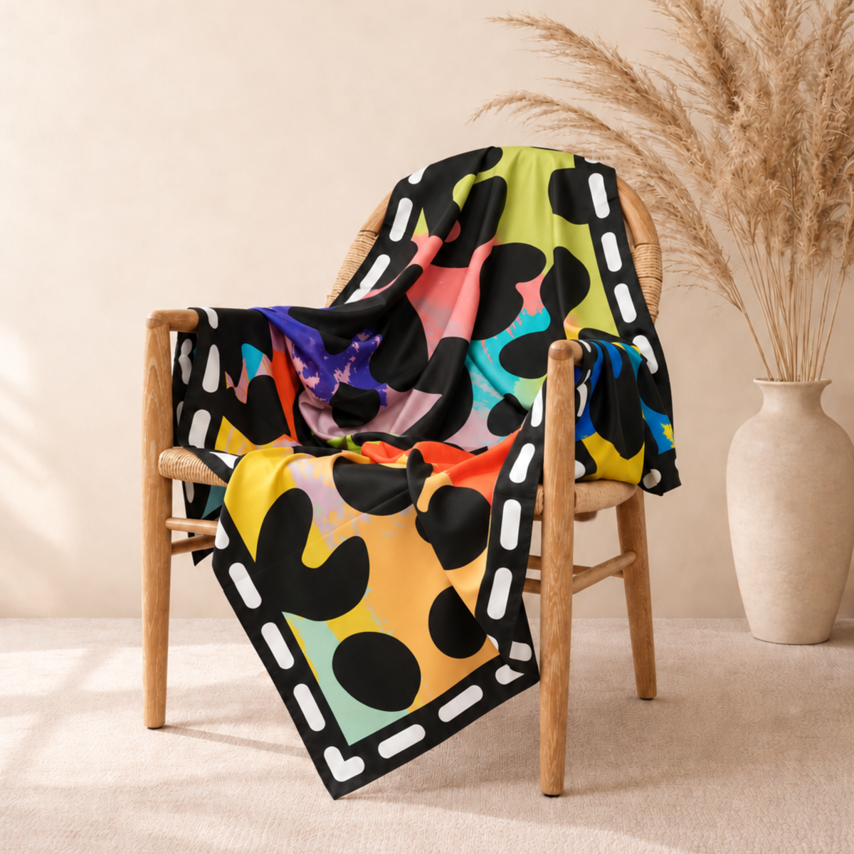 A square scarf with a vibrant rainbow watercolor splatter background and black leopard spots, finished with a white dashed border, shown on chair 