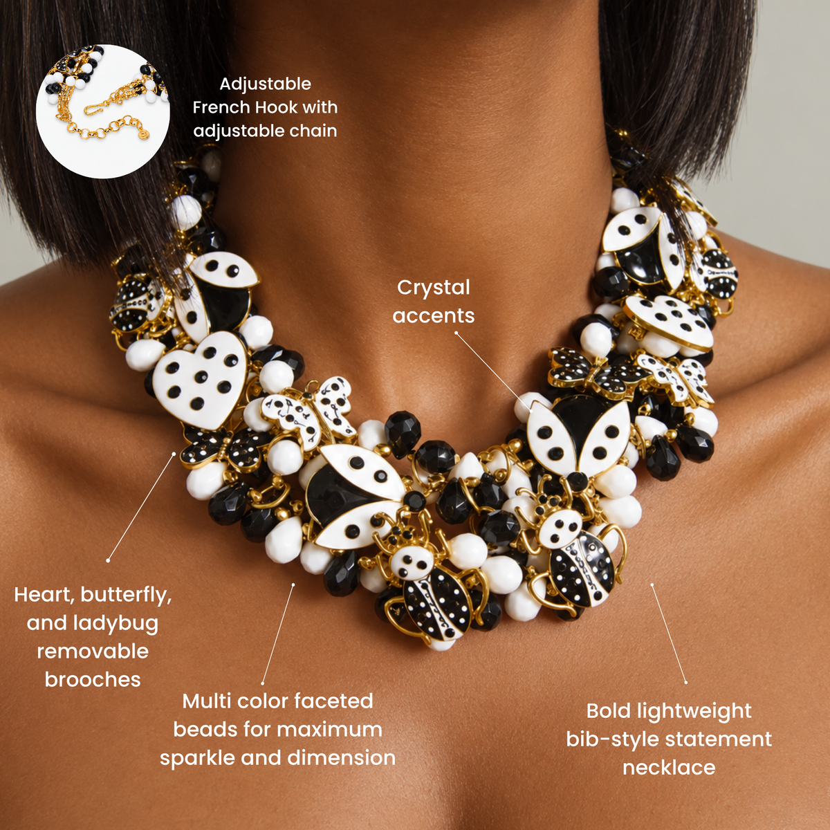 Black and white statement bib necklace featuring whimsical enamel inspired insects, hearts and 18K gold plated accents.