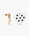 Lovebug statement studs featuring white hearts, round black crystals and 18K gold plated detailing.