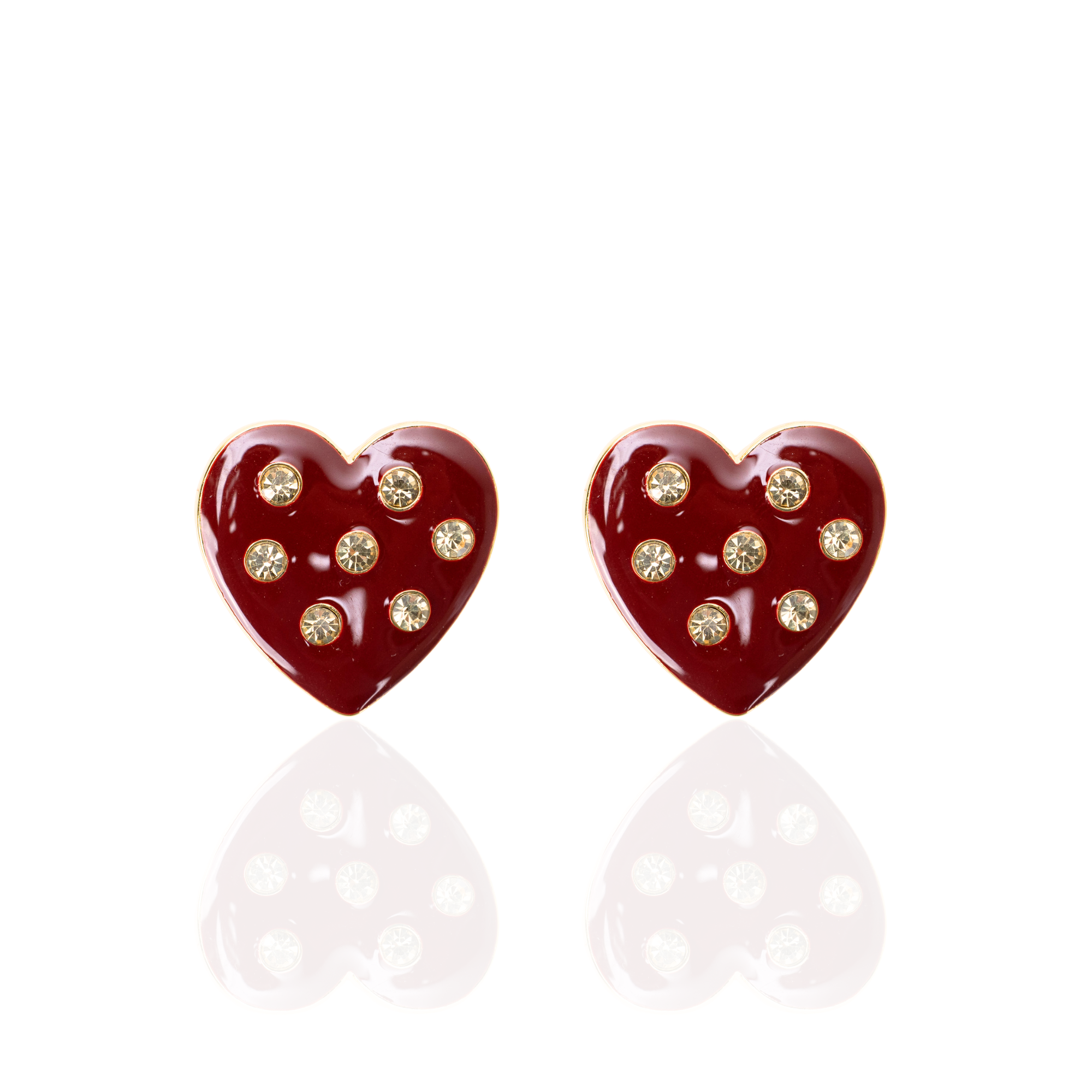 Crimson heart-shaped stud earrings with crystal accents and 18K gold-plated trim from the Lovebug collection