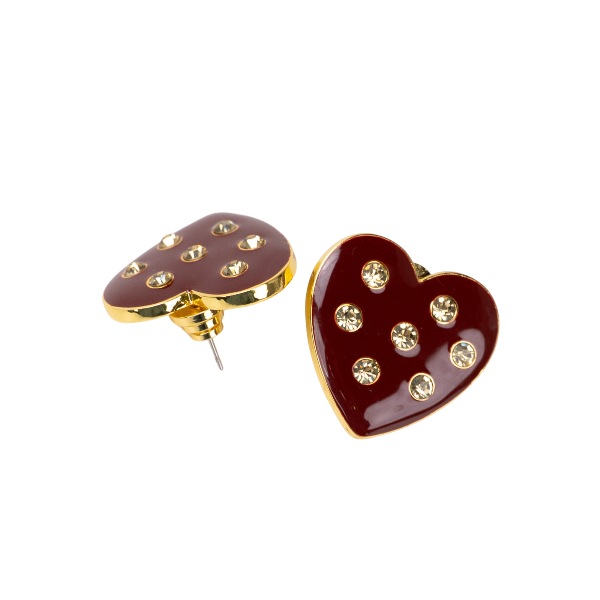Crimson heart-shaped stud earrings with crystal accents and 18K gold-plated trim from the Lovebug collection