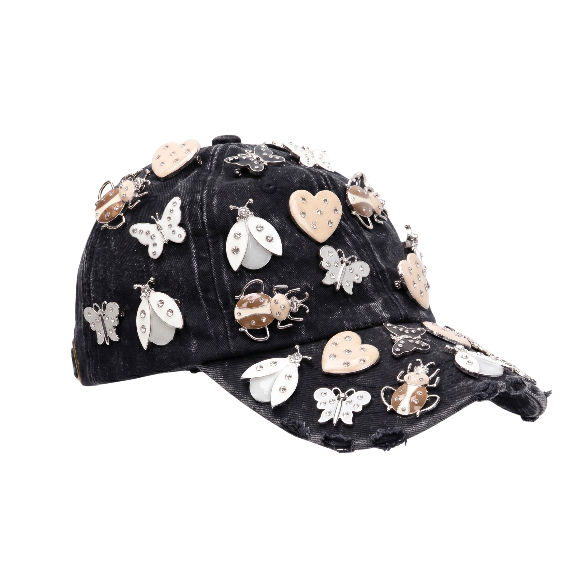 Black distressed denim ballcap featuring removable butterfly, ladybug, heart, and floral crystal brooch pins by Sassy Jones.