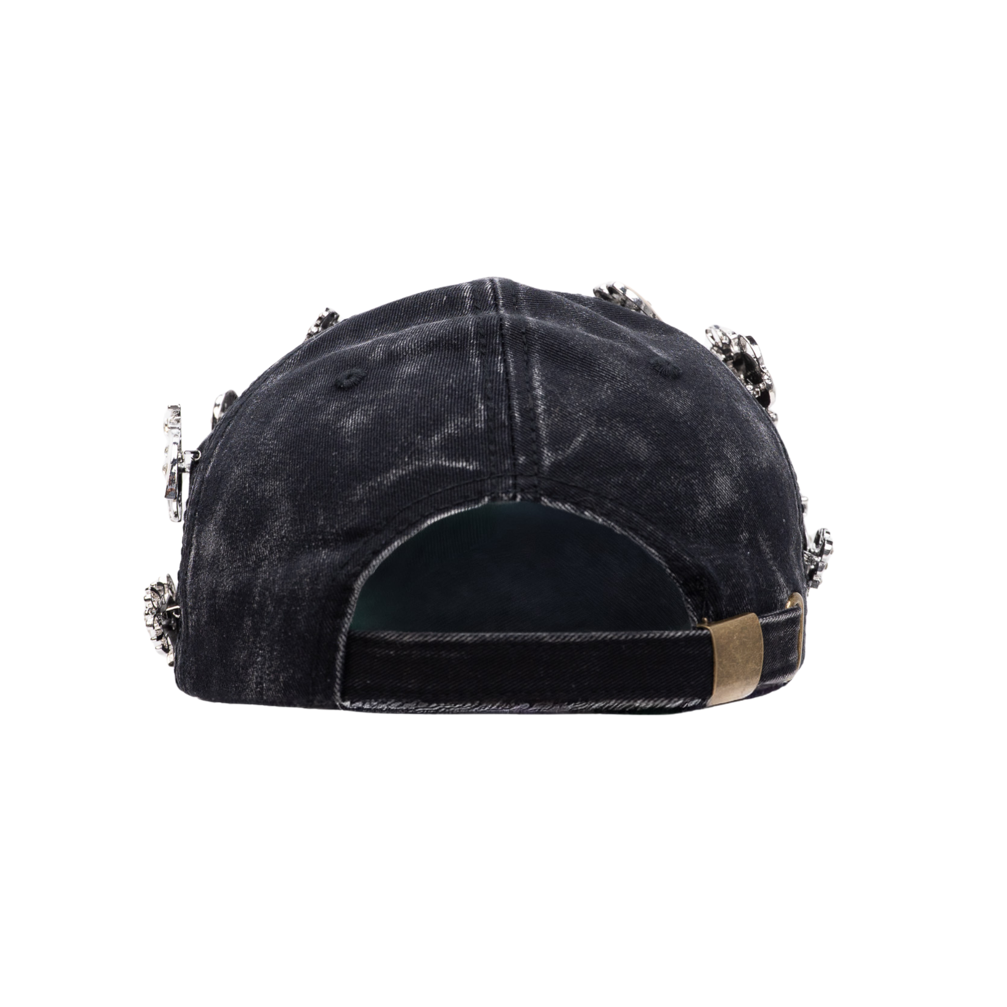 Black distressed denim ballcap featuring removable butterfly, ladybug, heart, and floral crystal brooch pins by Sassy Jones.