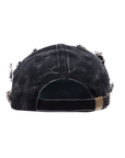 Black distressed denim ballcap featuring removable butterfly, ladybug, heart, and floral crystal brooch pins by Sassy Jones.