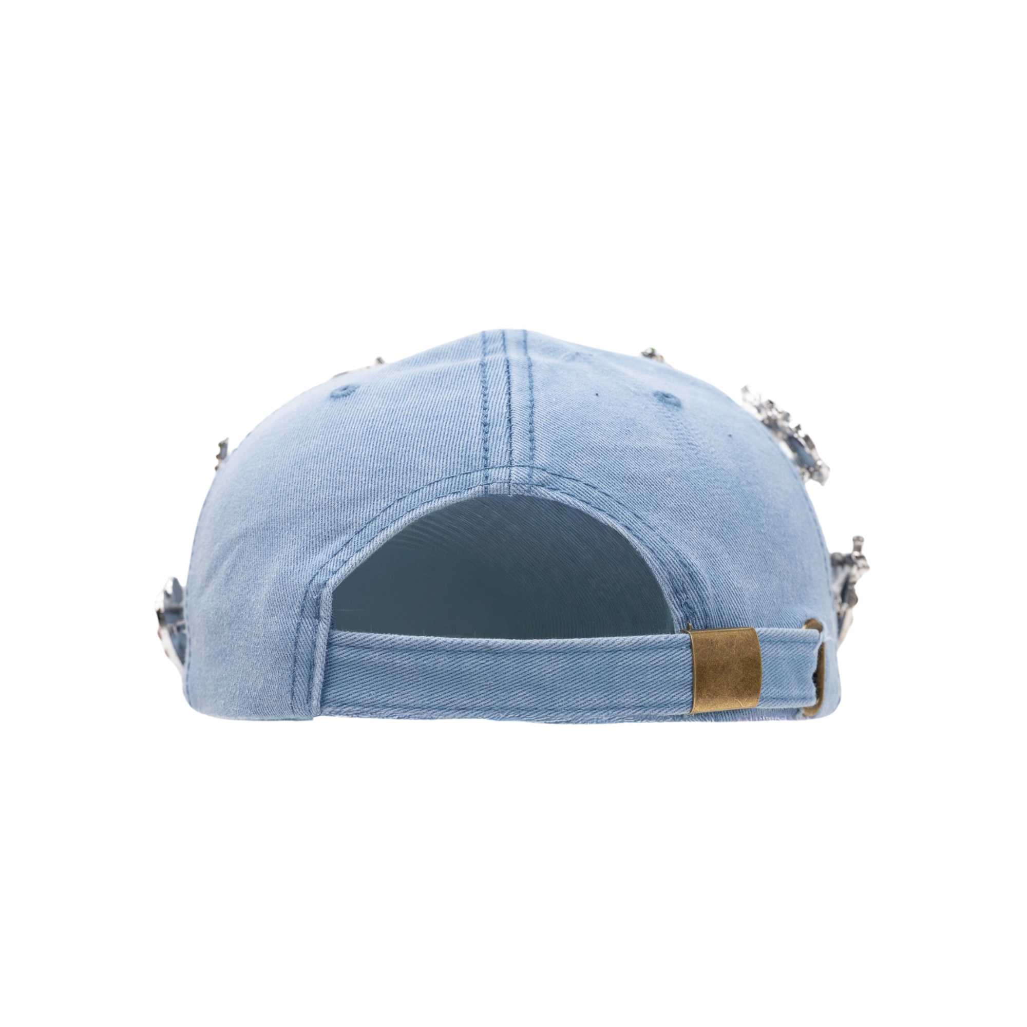 Light wash distressed denim ballcap featuring removable butterfly, ladybug, heart, and floral crystal brooch pins by Sassy Jones.