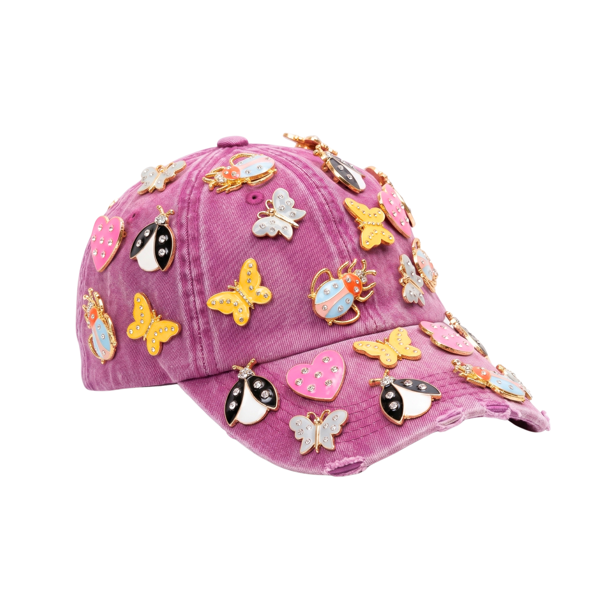 Pink distressed denim ballcap featuring removable butterfly, ladybug, heart, and floral crystal brooch pins by Sassy Jones.