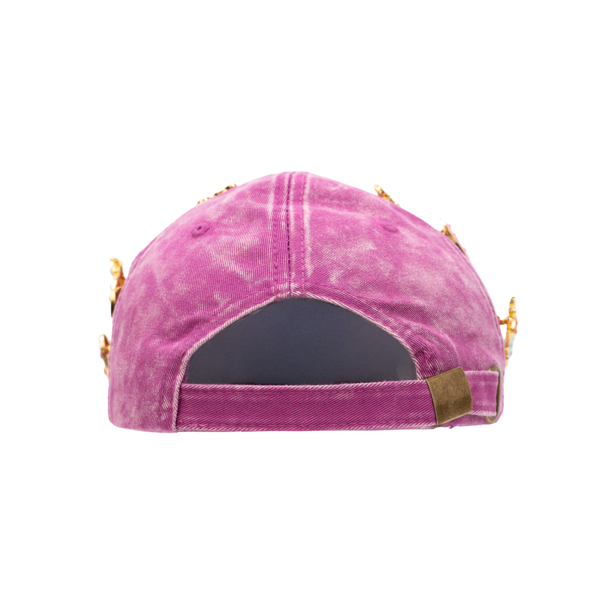 Pink distressed denim ballcap featuring removable butterfly, ladybug, heart, and floral crystal brooch pins by Sassy Jones.