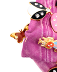 Pink distressed denim ballcap featuring removable butterfly, ladybug, heart, and floral crystal brooch pins by Sassy Jones.