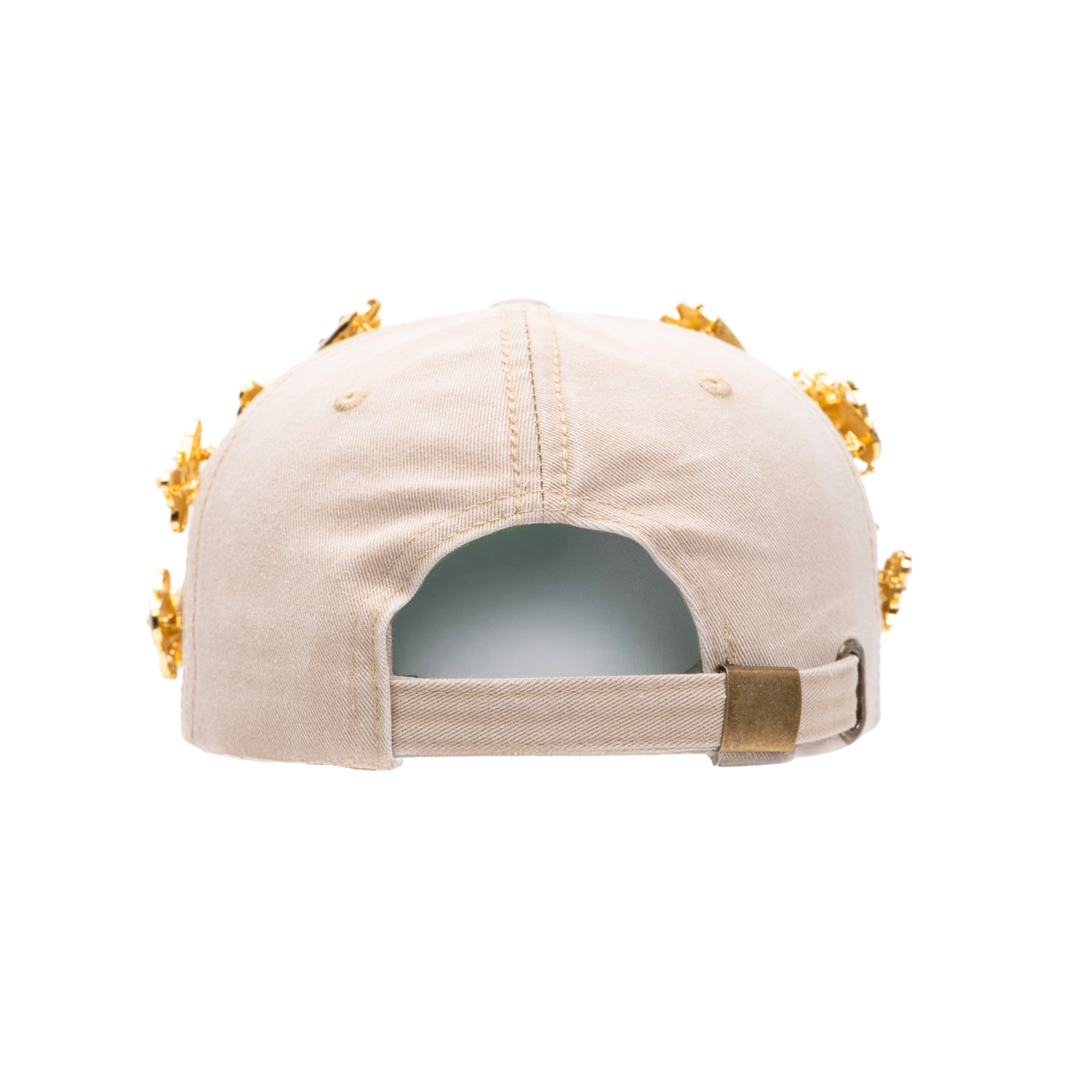Tan distressed denim ballcap featuring removable butterfly, ladybug, heart, and floral crystal brooch pins by Sassy Jones.