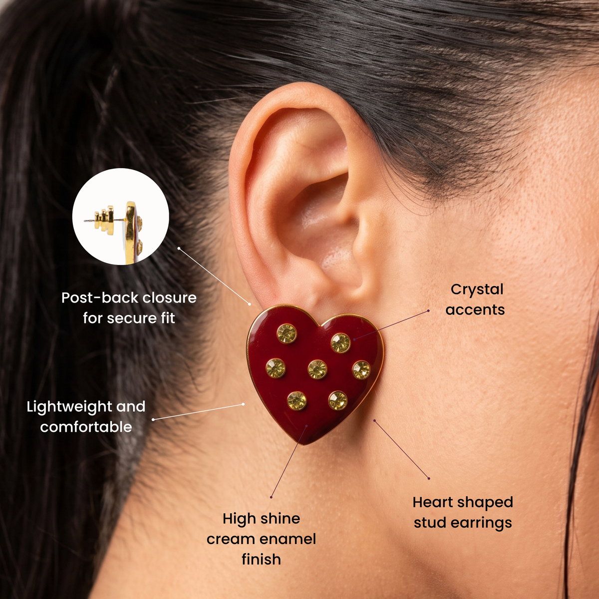 On model view of Lovebug Crimson Heart Stud Earring featuring a deep red finish with sparkling crystal details.