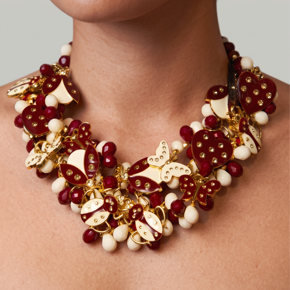 Lovebug 18k Brooch Bib - Crimson/Cream,Necklaces, Sassy Jones,